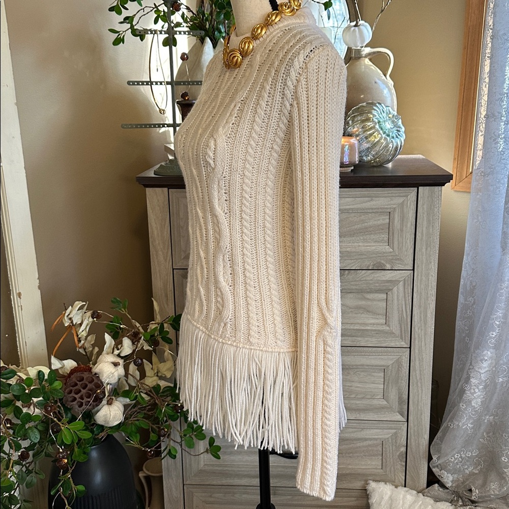 Tory Burch | Valero Fringe Hem Fisherman Sweater in Winter White - Picture 6 of 11